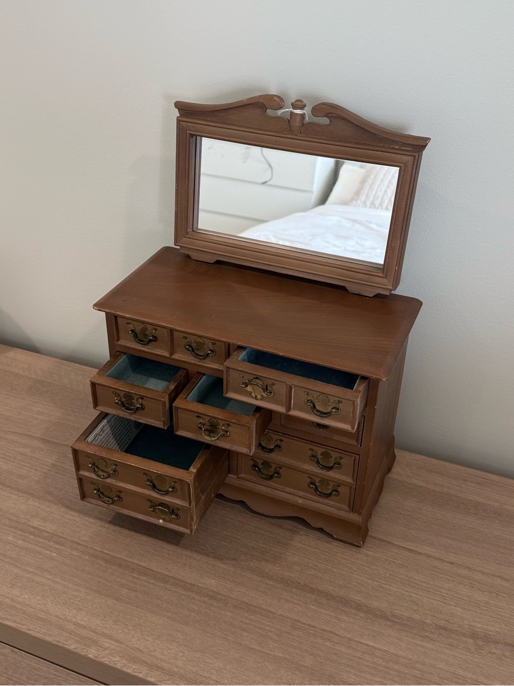 Vintage Wooden Jewelry Organizer with Mirror & Music Box - Picture 2 of 3